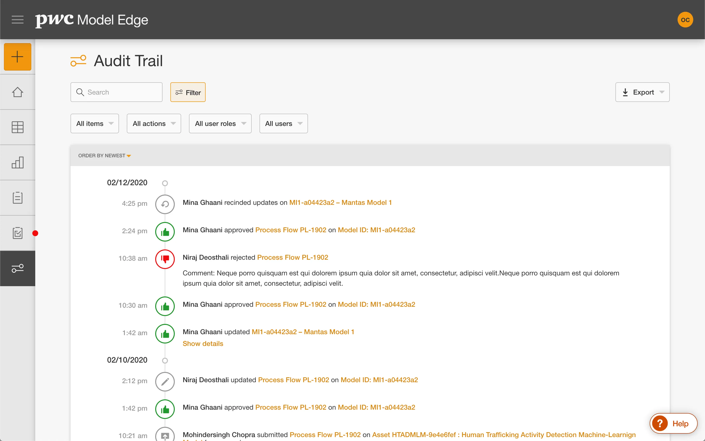 Audit trail filter options