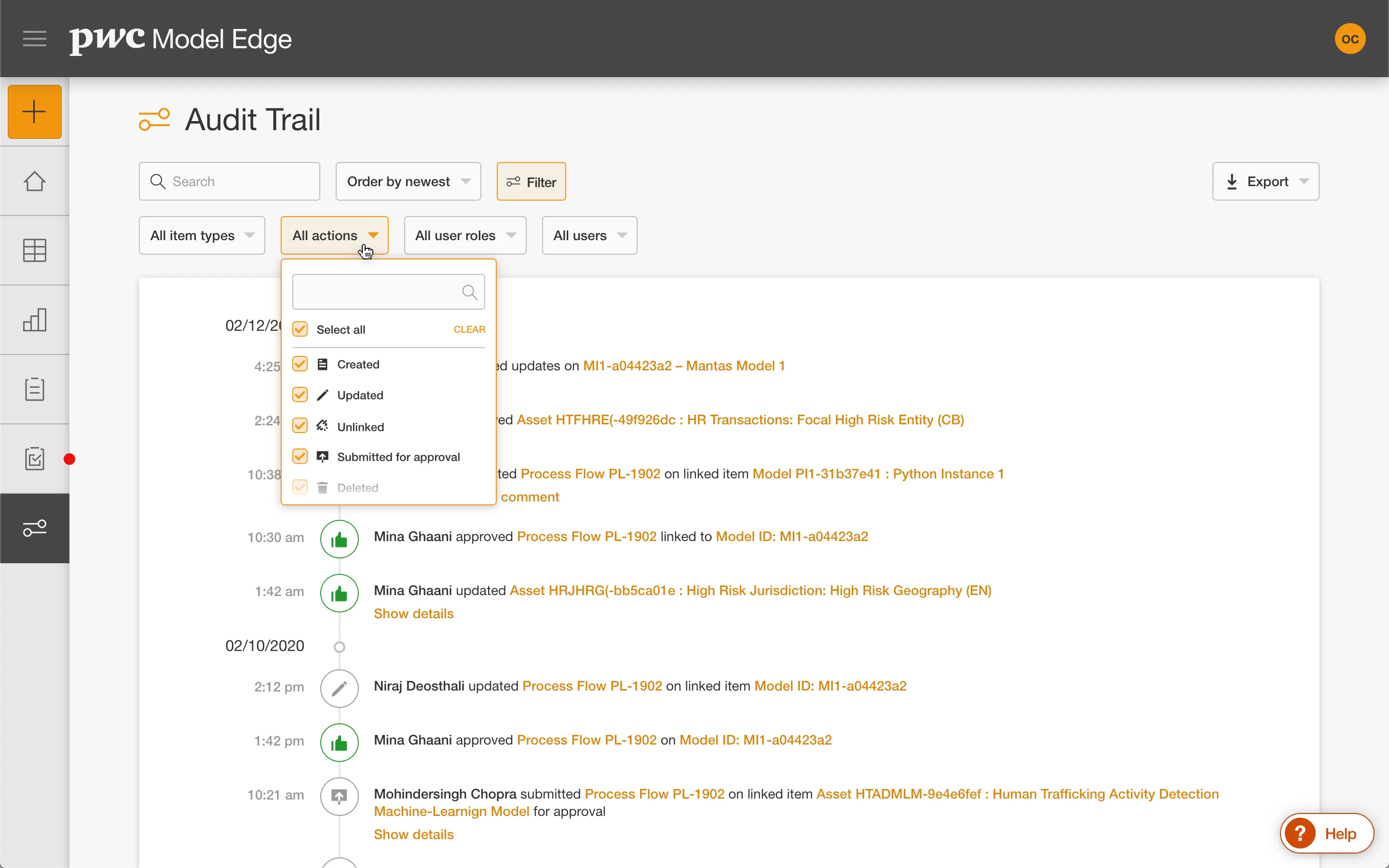 Audit trail filter actions