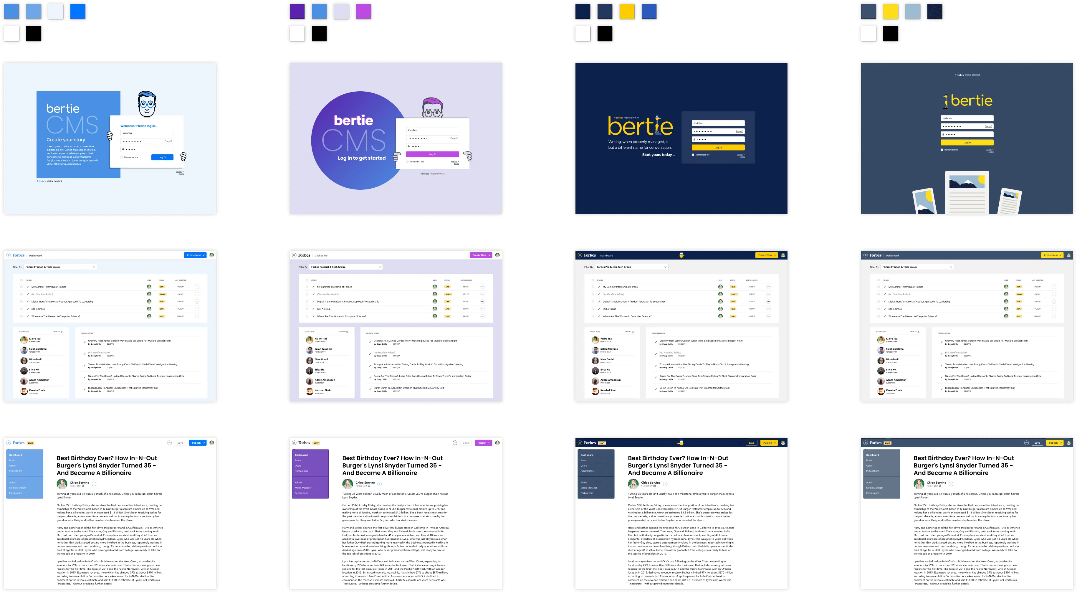 Four color theme concepts for Bertie, each shown applied to the login screen and dashboard