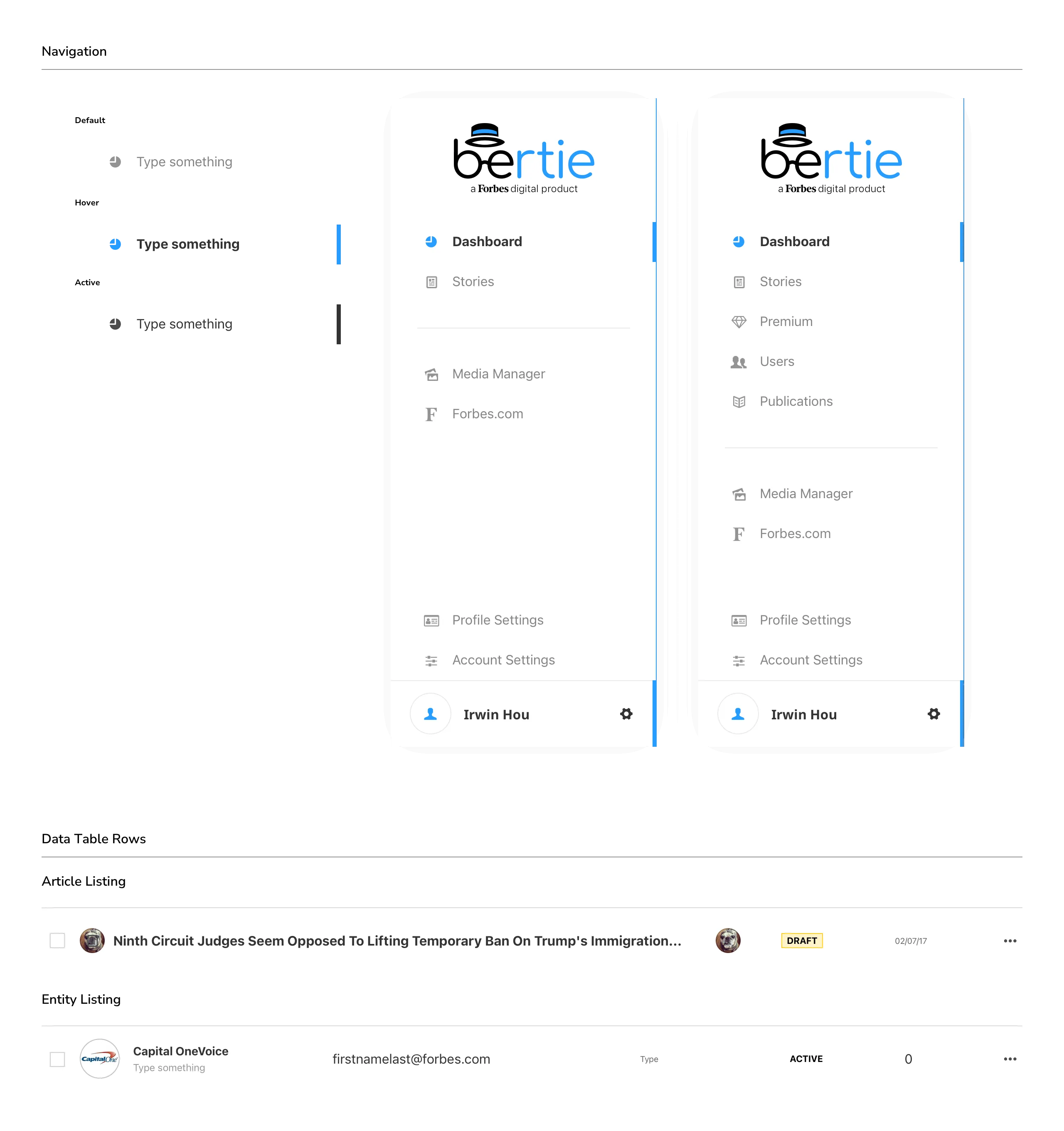 List of component and screen symbols in the Bertie design file, including login, dashboard, admin, and settings variants