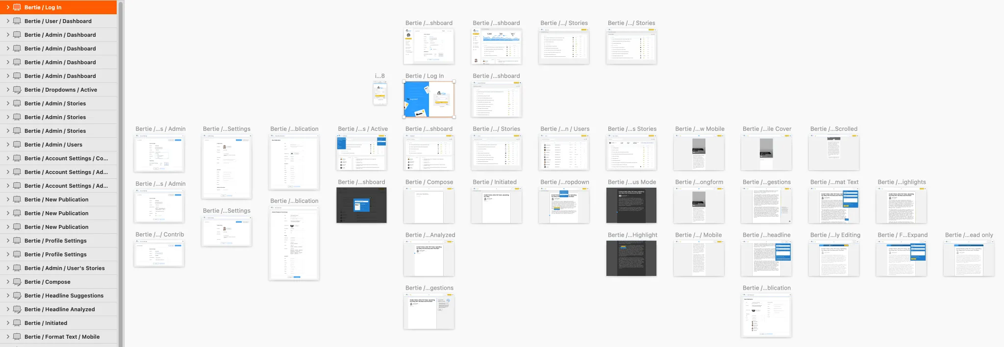 Grid of mockup screens showing the branded UI applied across the dashboard, stories, admin, and publishing flows