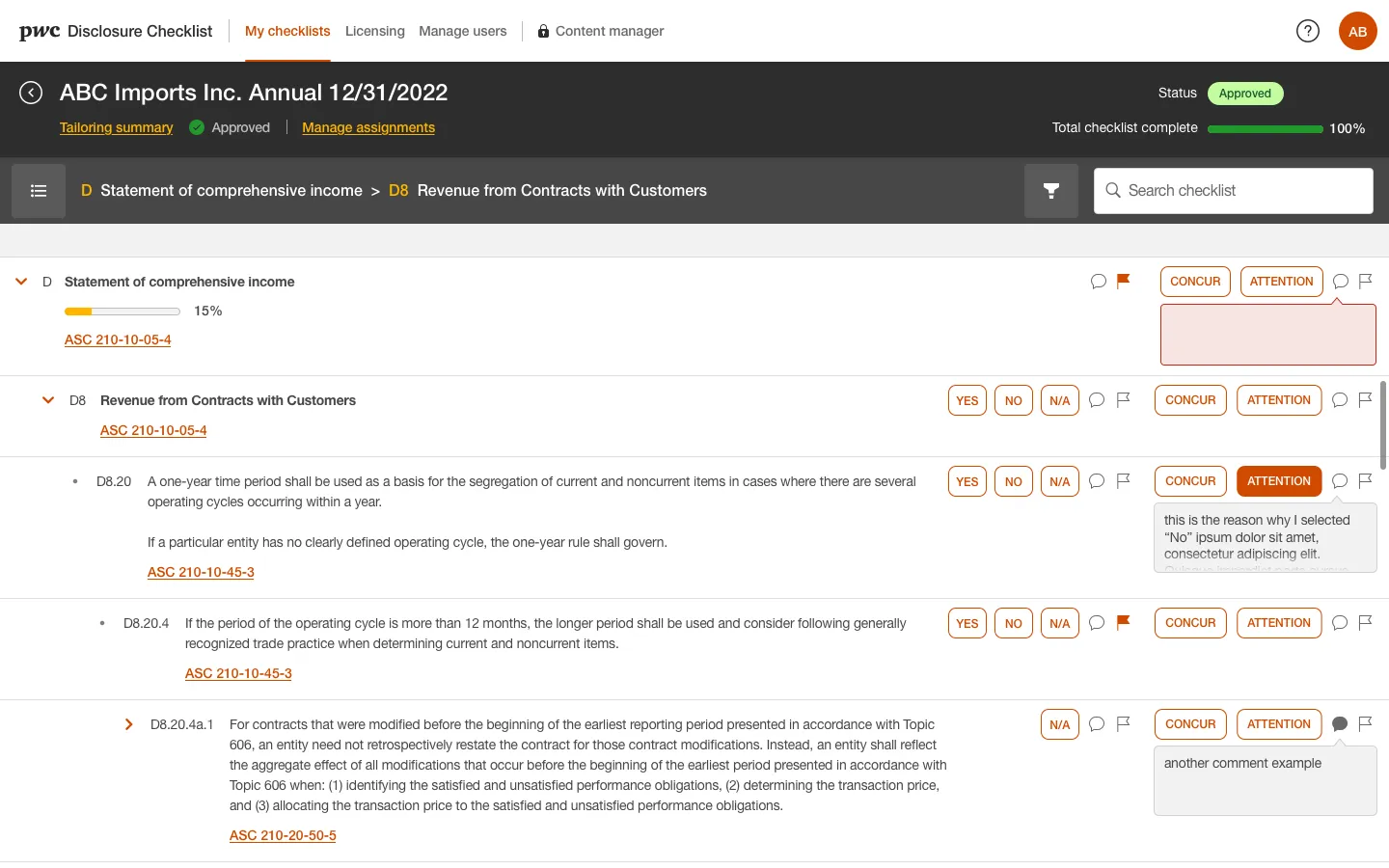 Screenshot of the Disclosure Checklist app showing a checklist item with Yes/No/N/A response controls, a regulatory citation, an inline comment, and an overall completion status of 100% approved
