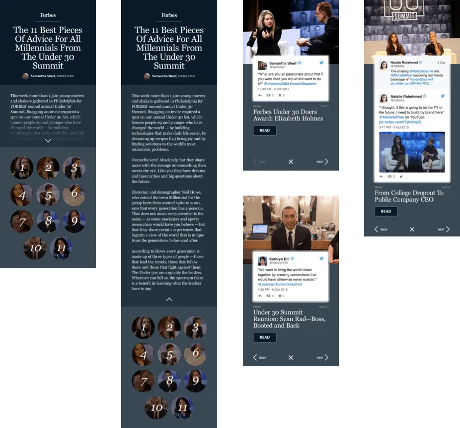 Concept mockup of an article page with a numbered avatar list of contributors and swipeable quote cards pulled from Twitter.