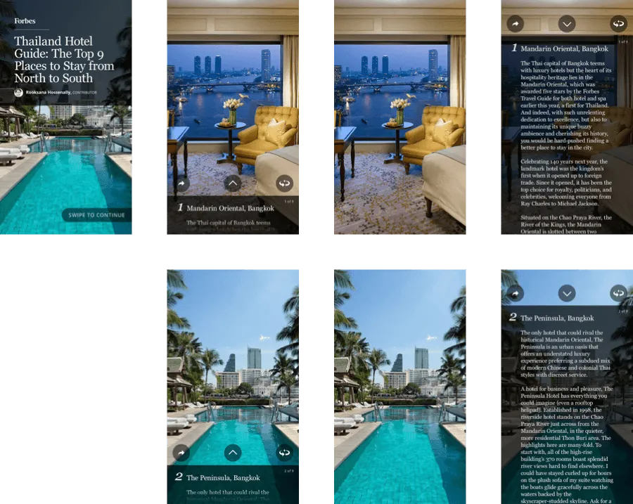 Concept mockup of a full-bleed swipeable photo-card format for a travel listicle, with numbered location cards and an expandable text overlay.