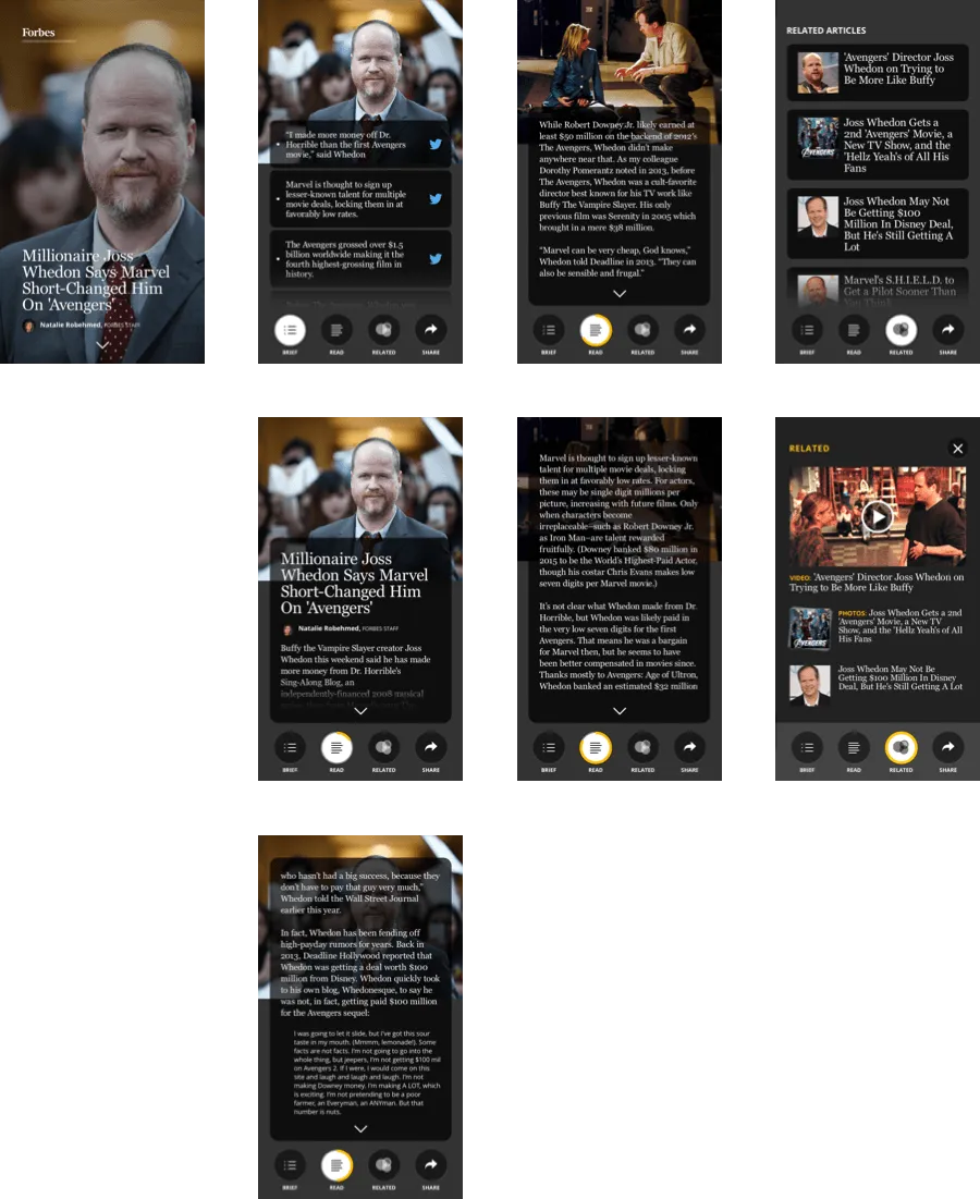 Concept mockup of an article template with a bottom tab bar for Brief, Read, Related, and Share views, including a related-content panel with video.