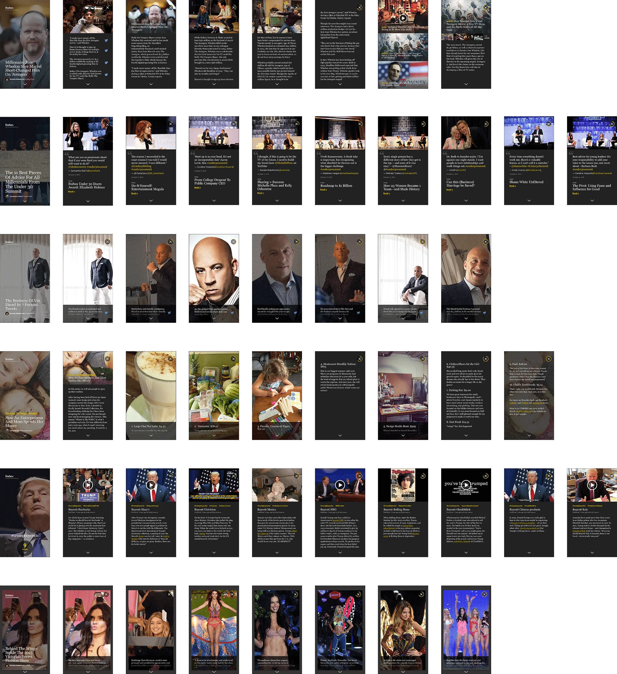 Grid of dozens of card-format concept designs, exploring layouts for quote cards, event coverage, celebrity profiles, everyday-spending diaries, hashtag/opinion content, and photo galleries.