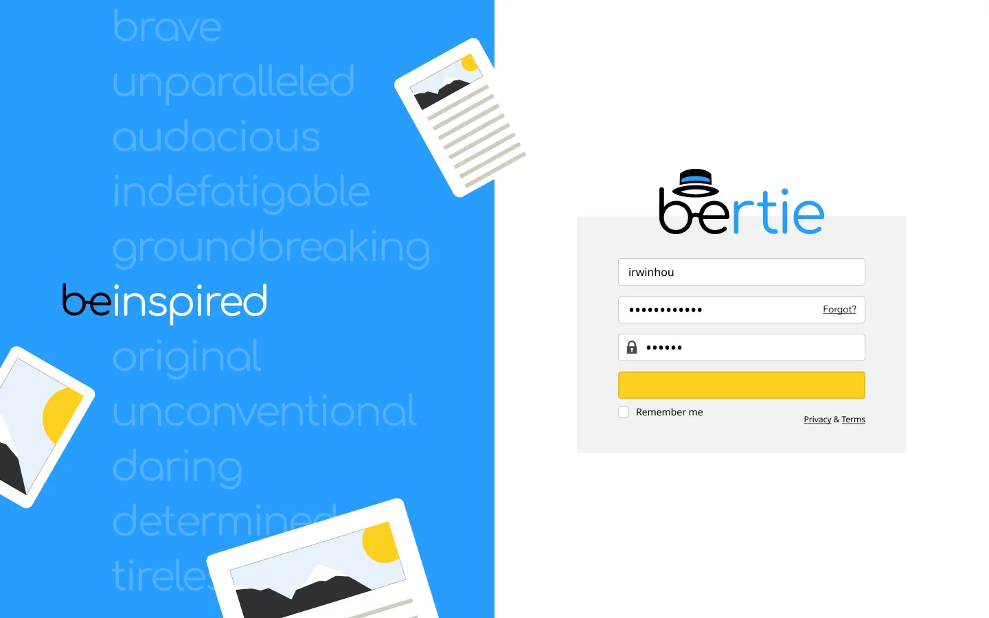 Log in screen for Bertie