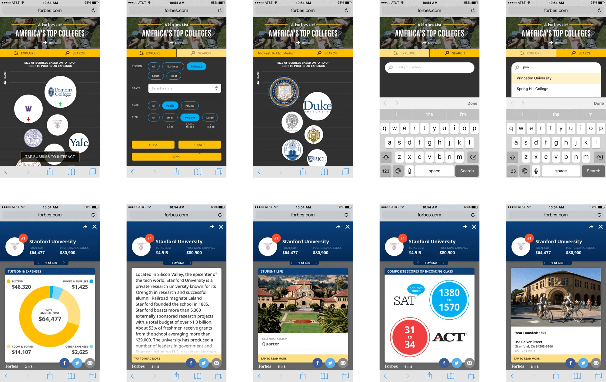 Mockups of the America's Top Colleges mobile infographic, showing the bubble map, filter and search screens, and detail cards for tuition, description, student life, and test scores.