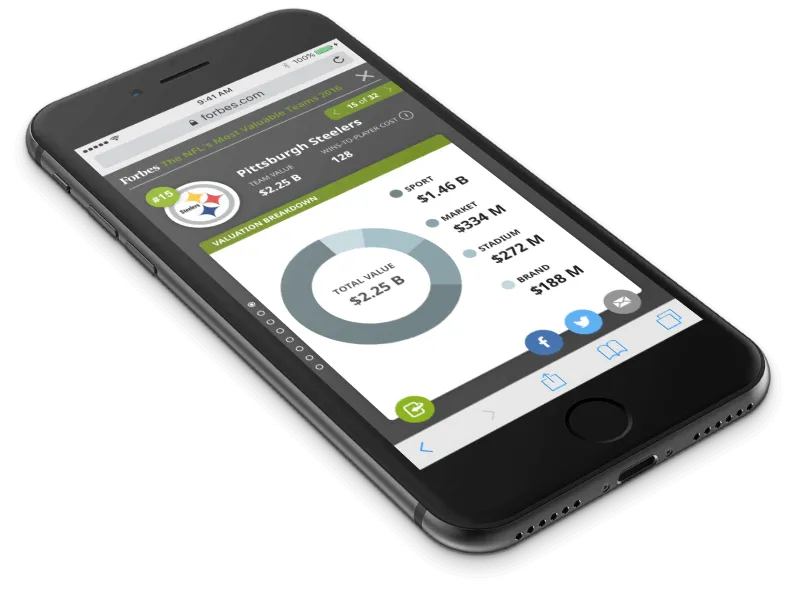 Phone mockup showing a team valuation breakdown screen from the redesigned NFL infographic.