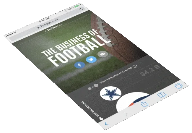 Looping animation of the infographic on the phone screen, cycling from the intro card into a team's valuation gauge and breakdown.