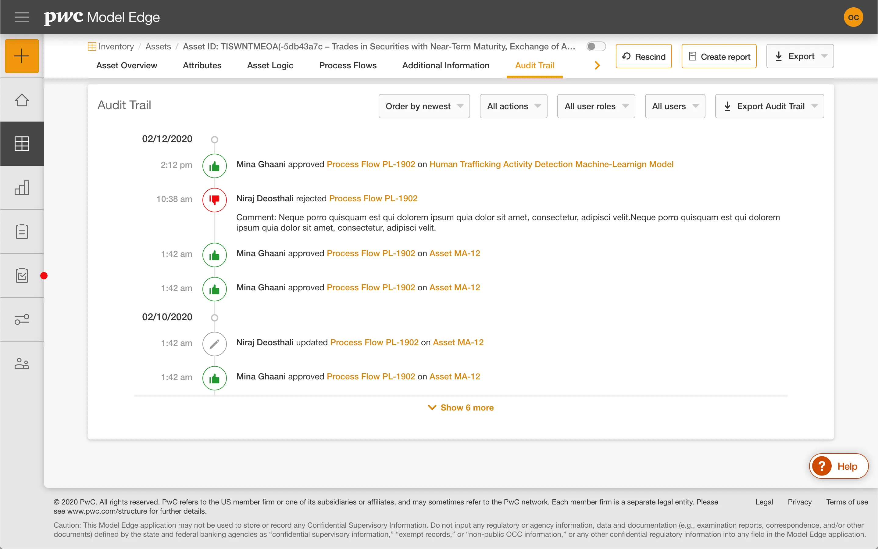 Audit trail in asset profiles