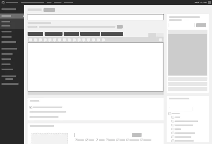 Screenshot of the old WordPress-based editing interface, showing a cluttered admin sidebar, a large toolbar with several button groups above the content area, and additional metadata widgets in the sidebar and below the editor
